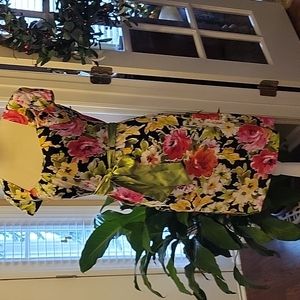 Olivia Matthews pink green yellow black white floral belted dress cap sl 8 EUC…